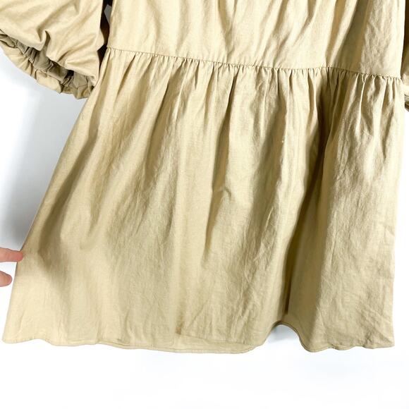 House of Harlow Ajay Mini Dress Linen Cotton Tan Puff Sleeves Babydoll Sz M - Picture 6 of 11